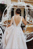 A-line V Neck Long Sexy Prom Dress,Lace Appliques Long Wedding Dresses KPW0018