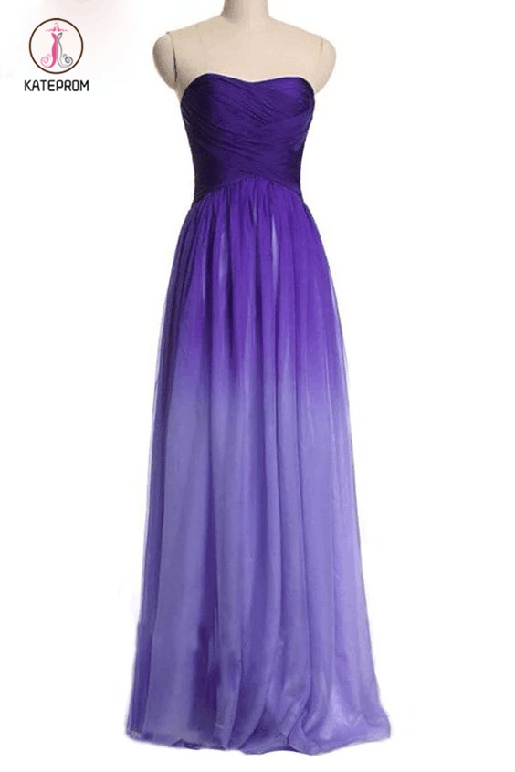 Ombre Purple Gradient Chiffon Bridesmaid Dresses Sweetheart Pleats Long Prom Dress KPB0092