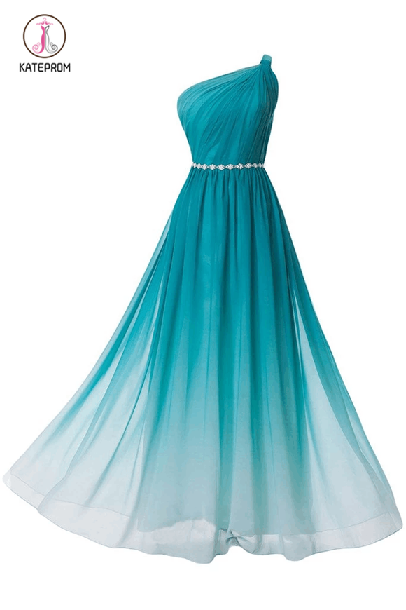 Turquoise Gradient Ombre One Shoulder Chiffon Ruched Dress with Beaded Embellished Belt KPB0093