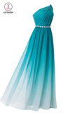 Turquoise Gradient Ombre One Shoulder Chiffon Ruched Dress with Beaded Embellished Belt KPB0093