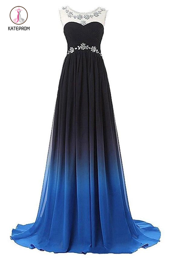 Ombre Bateau Sleeveless Sweep Train Ruched Chiffon Prom Dress with Beading KPB0094