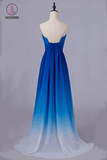 Royal Blue Gradient Ombre Notched Neck Long Chiffon Prom Dresses,Formal Dresses KPB0095