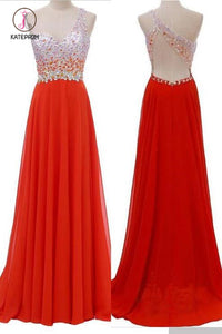 Red One Shoulder A-Line Rhinestone Bodice Chiffon Long Bridesmaid Dress,Prom Gown KPB0100