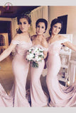 Light Pink Mermaid Off-the-shoulder Long Bridesmaid Dress with Lace Appliques KPB0109