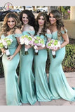 Modern Off the shoulder Mermaid Turquoise Long Bridesmaid Dress with Lace KPB0110