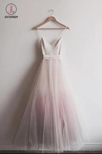 Chic Ombre Pink Spaghetti Straps V Neck A-line Tulle Long Prom Dress, Gradient Dress KPP0210