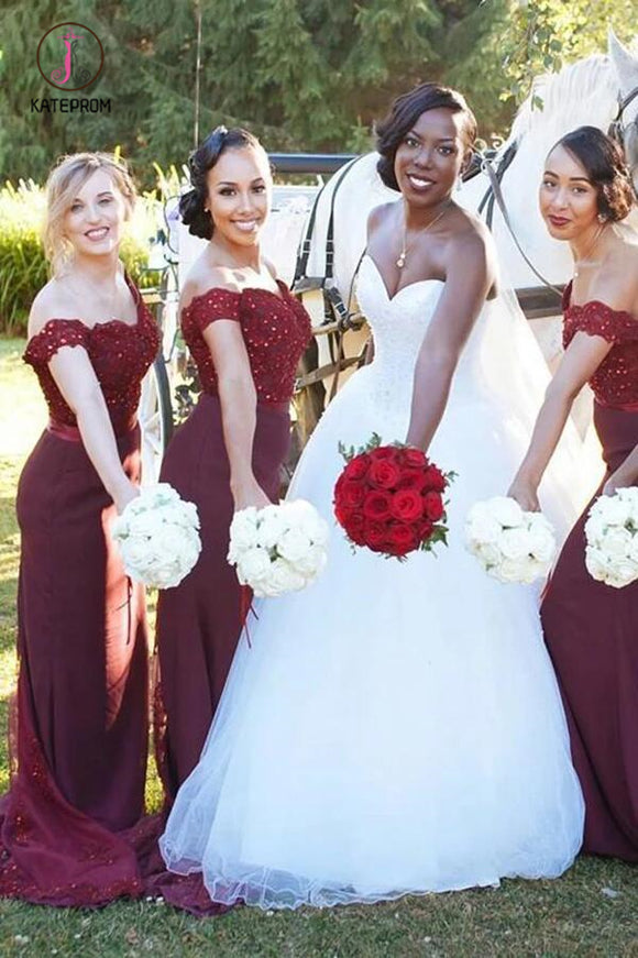 Elegant Mermaid Off Shoulder Beaded Bodice Sweep Train Bridesmaid Dres kateprom Elegant Mermaid Off Shoulder Beaded Bodice Sweep Train Bridesmaid Dres kateprom