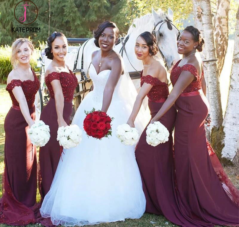 Elegant Mermaid Off Shoulder Beaded Bodice Sweep Train Bridesmaid