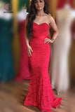 Elegant Sweetheart Mermaid Red Lace Long Prom Dress with Sash, Bridesmaid Dress KPB0113
