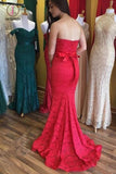 Elegant Sweetheart Mermaid Red Lace Long Prom Dress with Sash, Bridesmaid Dress KPB0113