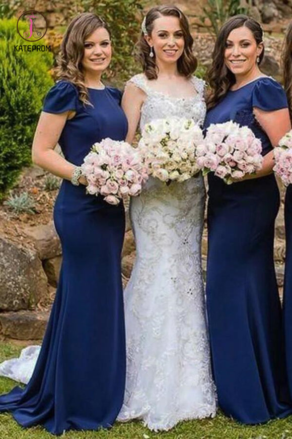 Dark Blue Round Neck Cap Sleeves Mermaid Bridesmaid Dress,Cheap Brides – kateprom