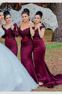 Burgundy Mermaid Long Sleeves Sweep Train Lace Bridesmaid Dress KPB012 kateprom Burgundy Mermaid Long Sleeves Sweep Train Lace Bridesmaid Dress KPB012 kateprom