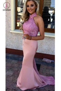 Pink High Neck Mermaid Sleeveless Prom Dress with Lilac Lace, Applique Bridesmaid Dress KPB0122