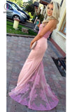 Pink High Neck Mermaid Sleeveless Prom Dress with Lilac Lace, Applique Bridesmaid Dress KPB0122