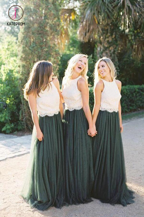 Two Piece Dark Green Lace Bodice Tulle Skirt A Line Custom Bridesmaid Dresses KPB0123