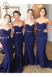 Long Dark Blue Sweetheart Bridesmaid Dress, Long Mermaid Strapless Prom Gown with Belt KPB0124