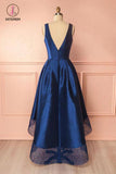 High Low Deep V Neck Sleeveless Prom Dress with Lace, High-low Bridesmaid Dress KPB0126