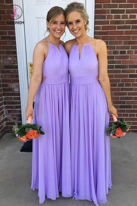 Lavender Halter Floor Length Chiffon Bridesmaid Dress, Cheap Long Wedding Guest Dress KPB0129