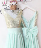 Tiffany Blue V Neck Backless Bridesmaid Dress, Sparkly Prom Dress with Bowknot KPB0135