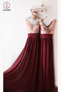 Burgundy V Neck Floor Length Bridesmaid Dress, V-Back Rose Gold Sequin kateprom Burgundy V Neck Floor Length Bridesmaid Dress, V-Back Rose Gold Sequin kateprom
