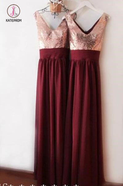 Burgundy V Neck Floor Length Bridesmaid Dress, V-Back Rose Gold Sequin kateprom Burgundy V Neck Floor Length Bridesmaid Dress, V-Back Rose Gold Sequin kateprom