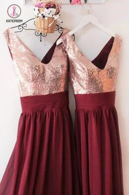 Burgundy V Neck Floor Length Bridesmaid Dress, V-Back Rose Gold Sequin kateprom Burgundy V Neck Floor Length Bridesmaid Dress, V-Back Rose Gold Sequin kateprom