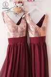 Burgundy V Neck Floor Length Bridesmaid Dress, V-Back Rose Gold Sequin Prom Dress KPB0136