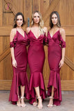 High Low Burgundy V Neck Bridesmaid Dress, Mermaid Spaghetti Strap Bridesmaid Dress KPB0137