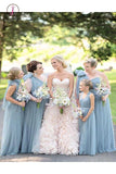 A Line Cheap Floor Length One Shoulder Tulle Bridesmaid Dress with Bowknot KPB0138
