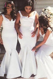 Elegant Mermaid White Floor Length Bridesmaid Dresses, Simple Ruffled Bridesmaid Gown KPB0144