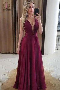 A Line Sexy V Neck Chiffon Prom Dress with Pleats, Floor Length Bridesmaid Dresses KPB0147