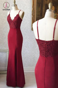Burgundy Spaghetti Strap V Neck Mermaid Bridesmaid Dress, Long Prom Dress with Lace KPB0148