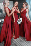 Burgundy Deep V Neck Split Bridesmaid Dress, A Line Sleeveless Backless Prom Gown KPB0149