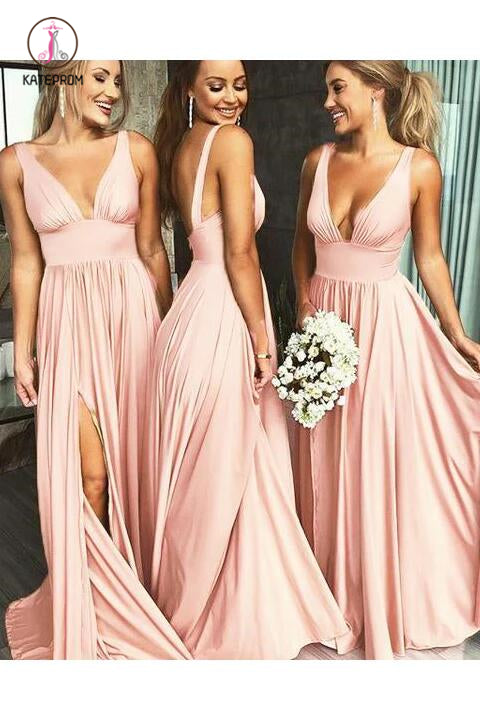 Burgundy Deep V Neck Split Bridesmaid Dress, A Line Sleeveless Backles –  kateprom