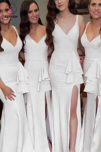 Sexy V-Neck Side Slit Mermaid Bridesmaid Dresses, White Straps Bridesmaid Dress KPB0154