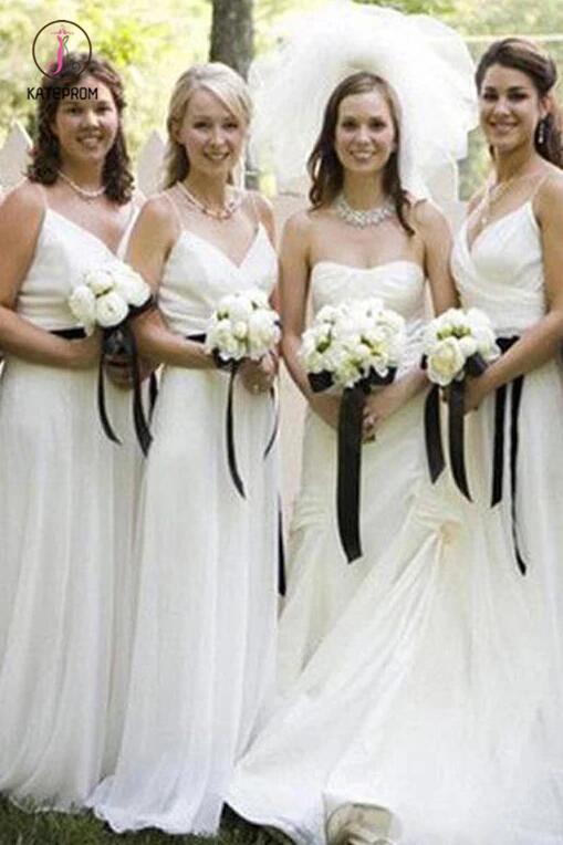 Cheap Floor Length Tulle Spaghetti Strap V-Neck Ivory Long Bridesmaid Dresses KPB0160