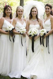 Cheap Floor Length Tulle Spaghetti Strap V-Neck Ivory Long Bridesmaid Dresses KPB0160