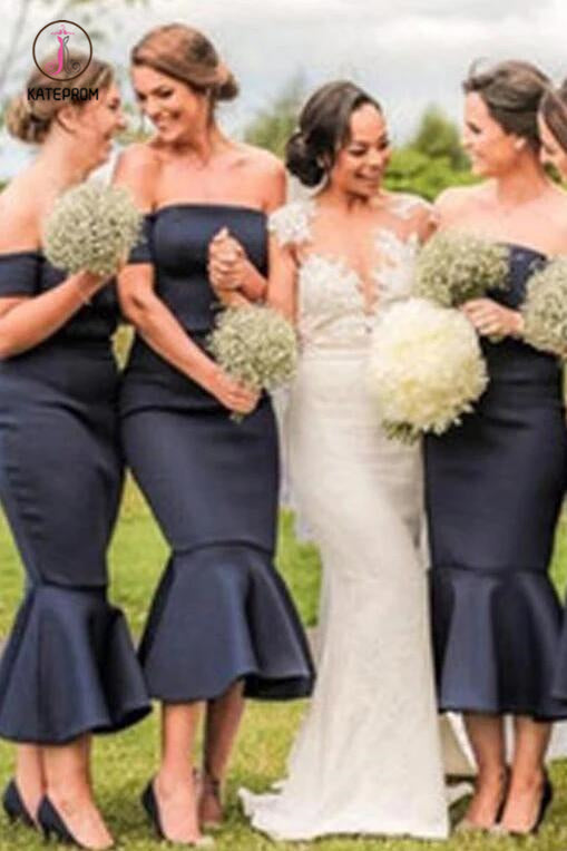 Elegant Navy Blue Off the Shoulder Mermaid Tea Length Bridesmaid Dress kateprom Elegant Navy Blue Off the Shoulder Mermaid Tea Length Bridesmaid Dress kateprom