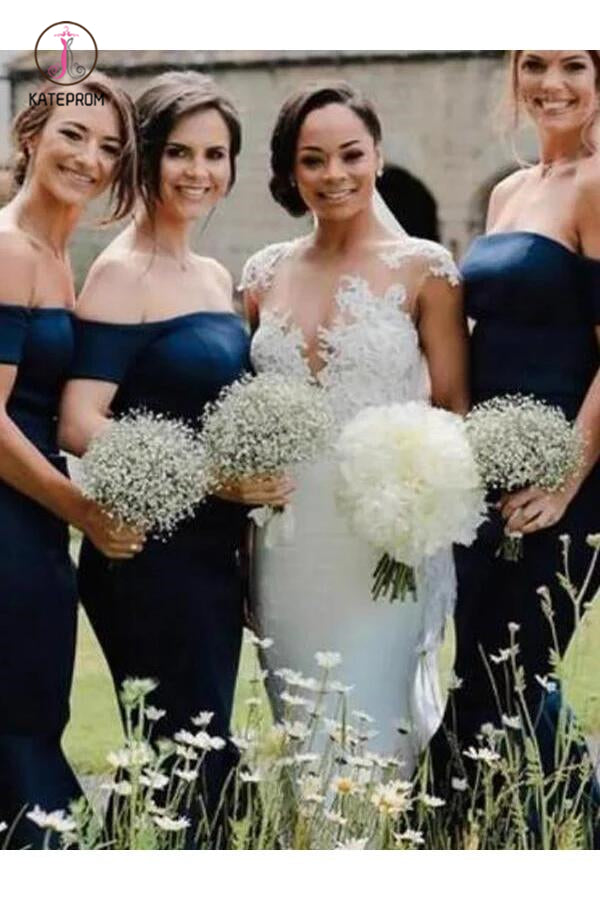 Elegant Navy Blue Off the Shoulder Mermaid Tea Length Bridesmaid Dress   kateprom