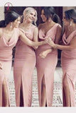 Charming Cowl Neck Split Long Bridesmaid Dresses, Floor Length Sexy Bridesmaid Gown KPB0163