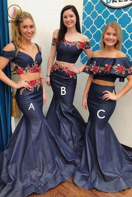 Two Piece Mermaid Bridesmaid Dress with Appliques, Long Appliques Mermaid Prom Dress KPB0165