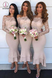 Long Sleeves Mermaid Sheath Lace Bridesmaid Dresses Chiffon Wedding Party Dresses KPB0167