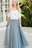 Two Piece Floor Length Prom Dress with Lace, 2 Piece Off Shoulder Tulle Bridesmaid Dress KPB0168