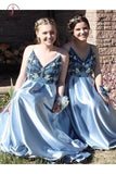 Light Blue Spaghetti Strap Beaded Satin Prom Dress, Sparkly Beading Bridesmaid Dress KPB0169