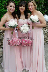 Pink Sweetheart Chiffon Bridesmaid Dress with Sparkles, Long Pleated Bridesmaid Dress KPB0170