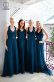 A-Line V-Neck Long Ruched Tulle Bridesmaid Dress, Cheap Halter Long Bridesmaid Dress KPB0173