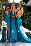Teal Deep V Neck Sleeveless Bridesmaid Dresses, Mismatched Cheap Bridesmaid Gown KPB0174