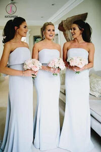Silver Gray Strapless Cheap Long Bridesmaid Dresses with Bow, Backless Bridesmaid Dress KPB0177