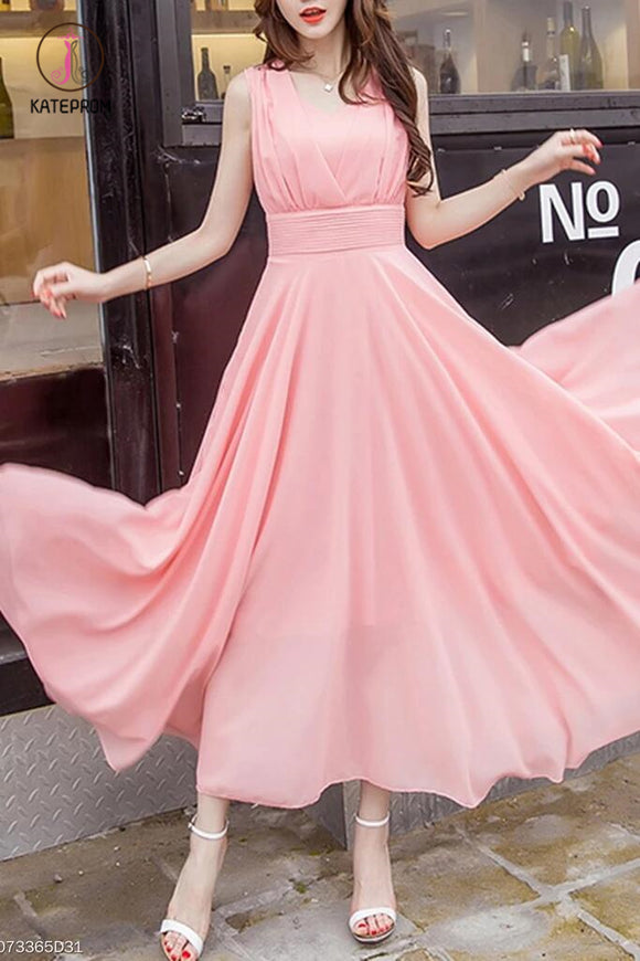 Peach Summer V-Neck Plain Chiffon Maxi Dress, Cheap Flowy Long Bridesm – kateprom