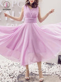 Peach Summer V-Neck Plain Chiffon Maxi Dress, Cheap Flowy Long Bridesmaid Dresses KPB0179